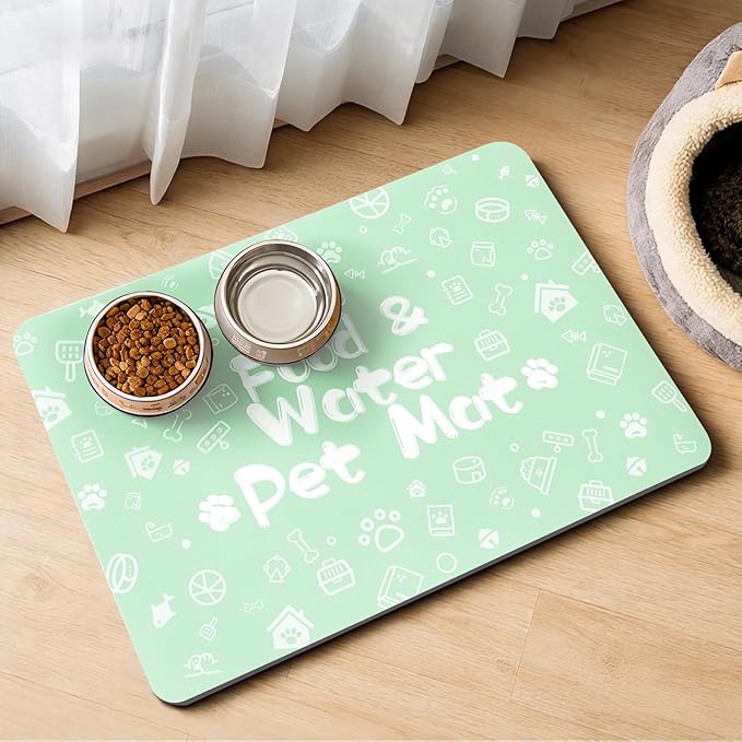 Pet Feeding Mat,Dog Cat Mat for Food and Water,Dog Bowl Waterproof Placemat with Rubber Backing,Absorbent Quick Dry Water Dispenser Mat for Pet（Green 16"×24"）