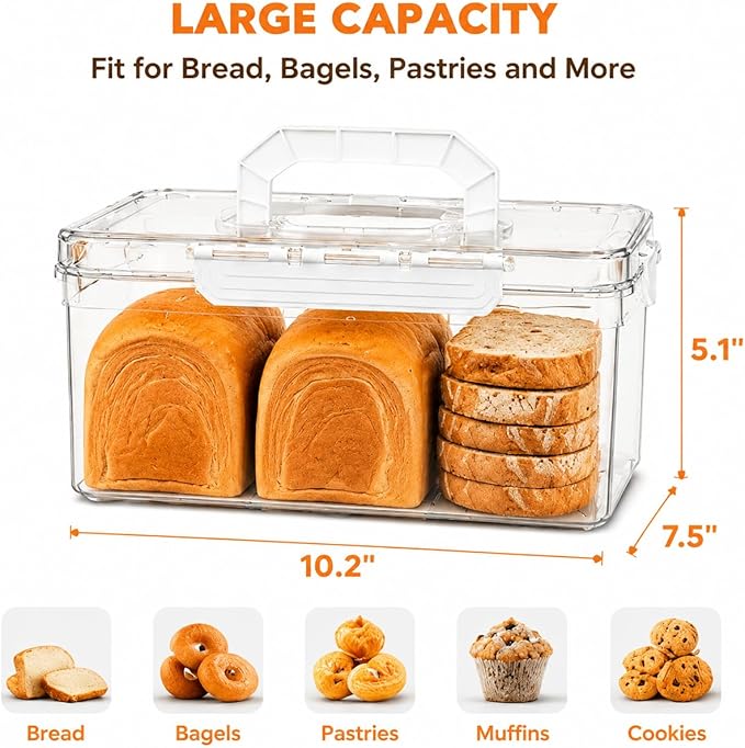Bread Box with Ice Chilled Condiment Caddy, Portable Airtight Storage Container with Lid Handle for Kitchen Counter, Keeper for Homemade Bread, Toast, Bagel, Cookies, White