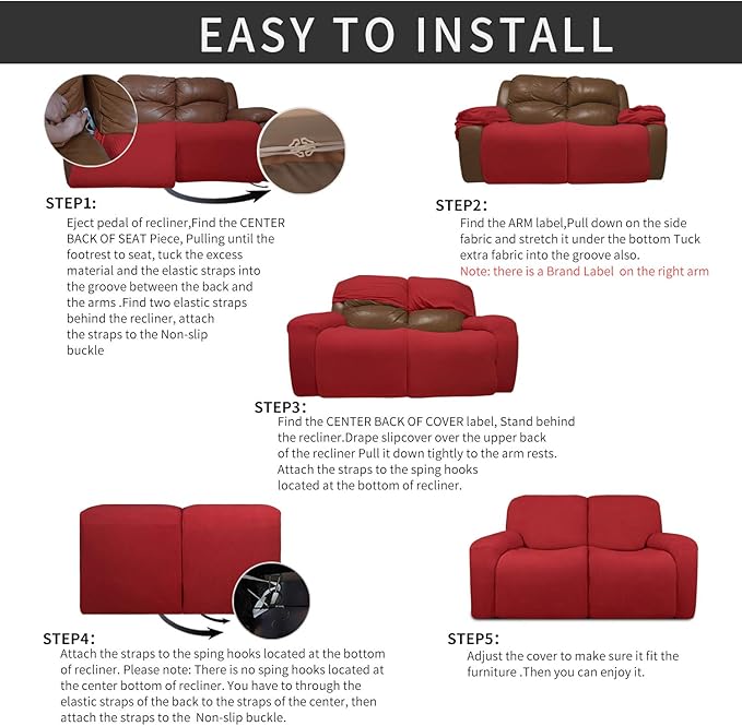Easy-Going 6 Pieces Recliner Loveseat Stretch Sofa Slipcover Sofa Cover Furniture Protector Couch Soft with Elastic Bottom Kids, Spandex Jacquard Fabric Small Checks Christmas Red