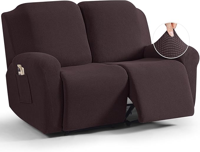 TAOCOCO Recliner Loveseat Slipcover, 6 Pieces Dual Recliner Sofa Covers for 2 Seat Dual Reclining Loveseat Couch, Stretch Soft Jacquard Pattern Furniture Protector with Elasticity (Chocolate)