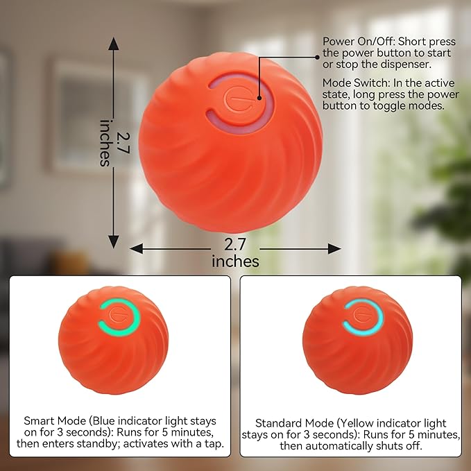 QKOQKO Interactive Dog Ball, USB Rechargeable Automatic Moving Dog Toy with Treat Dispenser, 2.87-Inch Washable TPU Puzzle Ball for Small & Medium Dogs, Exercise & Mental Stimulation (Orange)
