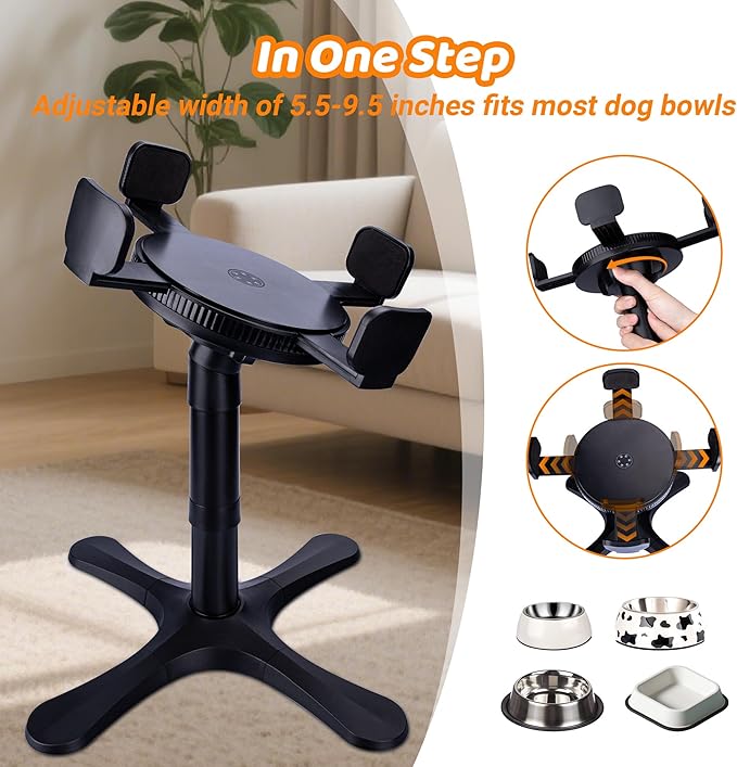 Elevated Dog Bowl, 3 Adjustable Stand Heights and Width, Non-Slip Foot Mats, Tilting Raised Dog Bowls for Small, Medium and Large Dogs Breed (1 Pack), Black