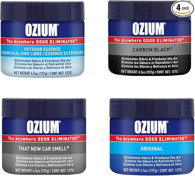 Ozium 4.5 Oz. Odor Eliminating Gel for Homes, Cars, Offices and More (Original + Carbon Black + Outdoor Essence + That New Car Smell), 4 Pack Variety