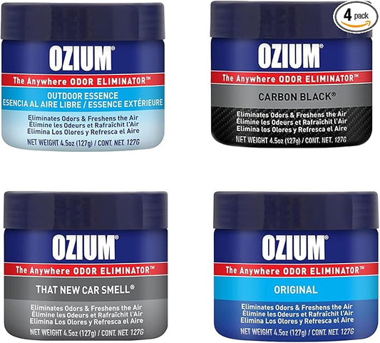 Ozium 4.5 Oz. Odor Eliminating Gel for Homes, Cars, Offices and More (Original + Carbon Black + Outdoor Essence + That New Car Smell), 4 Pack Variety