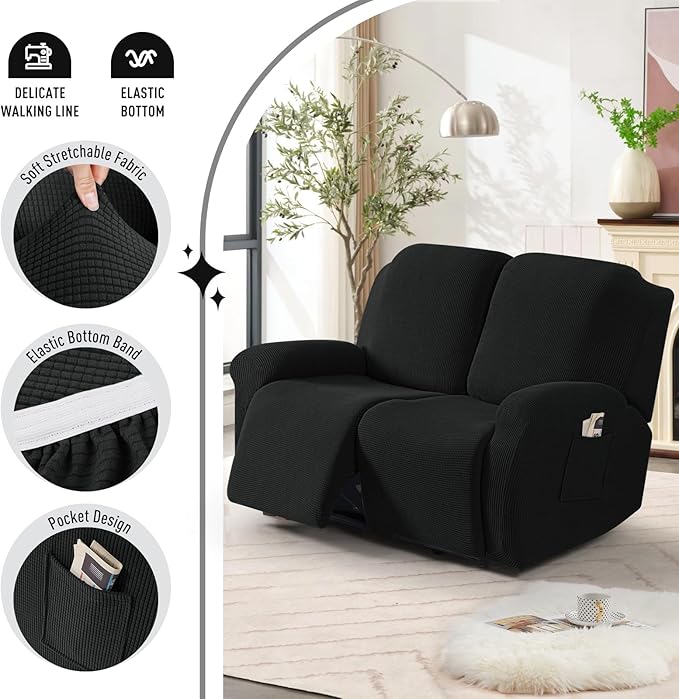 TAOCOCO Recliner Loveseat Slipcover, 6 Pieces Dual Recliner Sofa Covers for 2 Seat Dual Reclining Loveseat Couch, Stretch Soft Jacquard Pattern Furniture Protector with Elasticity (Black)