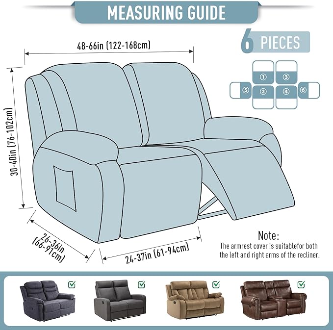 TAOCOCO Recliner Loveseat Slipcover, 6 Pieces Dual Recliner Sofa Covers for 2 Seat Dual Reclining Loveseat Couch, Stretch Soft Jacquard Pattern Furniture Protector with Elasticity (Dusty Blue)