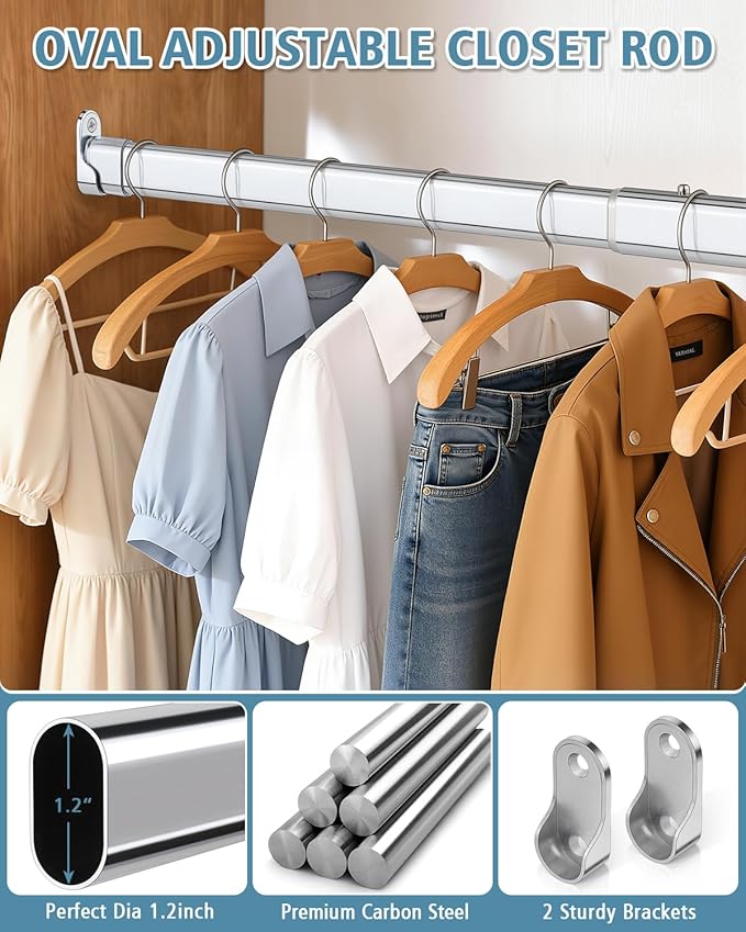Heavy Duty Oval Closet Rod for Hanging Clothes, 29.5-51 Inch Adjustable Closet Rods, Premium Chrome
