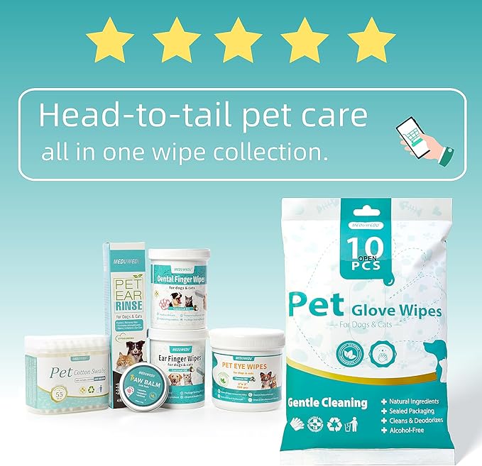 MEDUWEDU [10 Count] No-Rinse Pet Glove Wipes – 5-Finger Design, Coconut Oil & Aloe, Hypoallergenic Grooming Mitts for Dogs & Cats