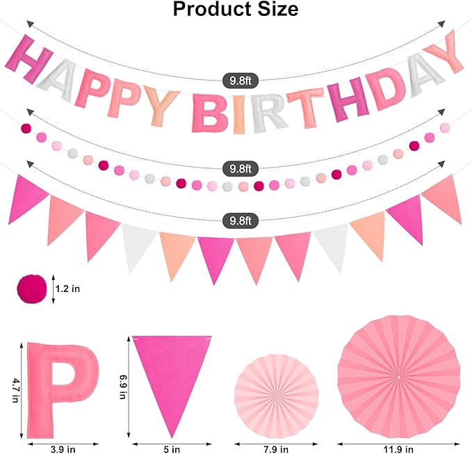 Pre-Strung 3D Felt Happy Birthday Banner, Reusable Pink Birthday Party Decorations for Women, Happy Birthday Sign with Felt Ball Garland, Pennant Flag, Hanging Paper Fans