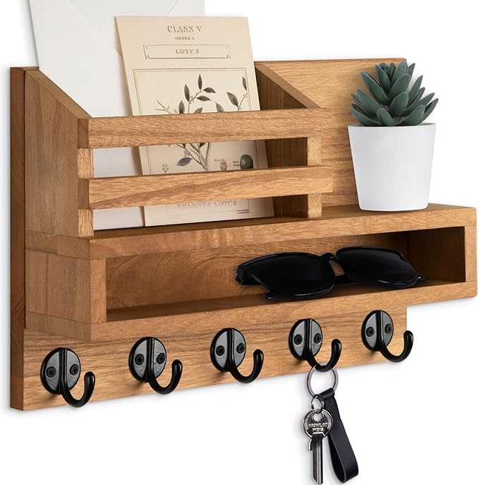 Lucundm Key and Mail Holder Wall Mount, Key Hanger with Long Storage Box and Key Hooks for Coat, Dog Leash, Home Decor Rack, House Accessories, Entry Way Organizer