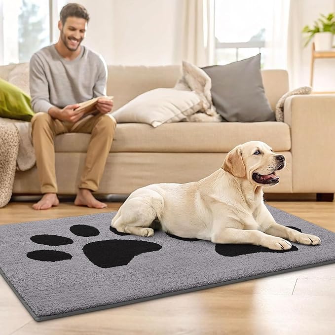 Buganda Dog Door Mat for Muddy Paws, Absorbent Dirt Trapper Washable Indoor Doormats, Non Slip Low-Profile Mud Mat for Dogs, Front Entrance Doormat for Inside Floor (48x30 Inches, Grey)