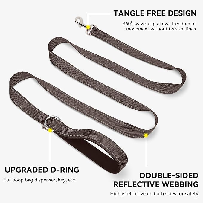 Joytale Double-Sided Reflective Dog Leash, 6 FT/5 FT/4 FT, Padded Handle Nylon Heavy Duty Leashes for Medium & Large Dogs Walking, Brown, 5FT