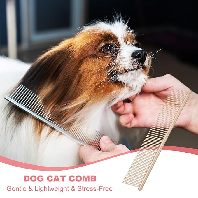PETAXCELL Dog Cat Comb, Pet Combs Stainless Steel Teeth with Rounded Ends for Knots Mats Loose Hair Removal, 6.5/7.5IN (Gold Coated, 2 Pack), Grooming Tool Intended for Long Curly Hair Pet