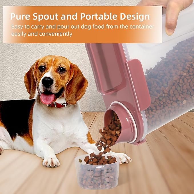 LEAWALK 5-7Lbs Cat Dog Storage Container, Portable Pet Food Containers with Upgraded Large Spout and Cup, Small Animal Kibble Dispenser for Bird Seed, Oatmeal, Rice, Flour (2, Pink, 5L)