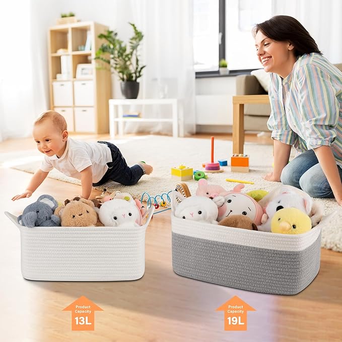OIAHOMY 19L Woven Basket, Gift Basket Empty with Gift Bags and Ribbons, Rope Baskets for Baby Showers, Storage Baskets with Handles for Nursery, Pet Toy Organizer - Grey & White