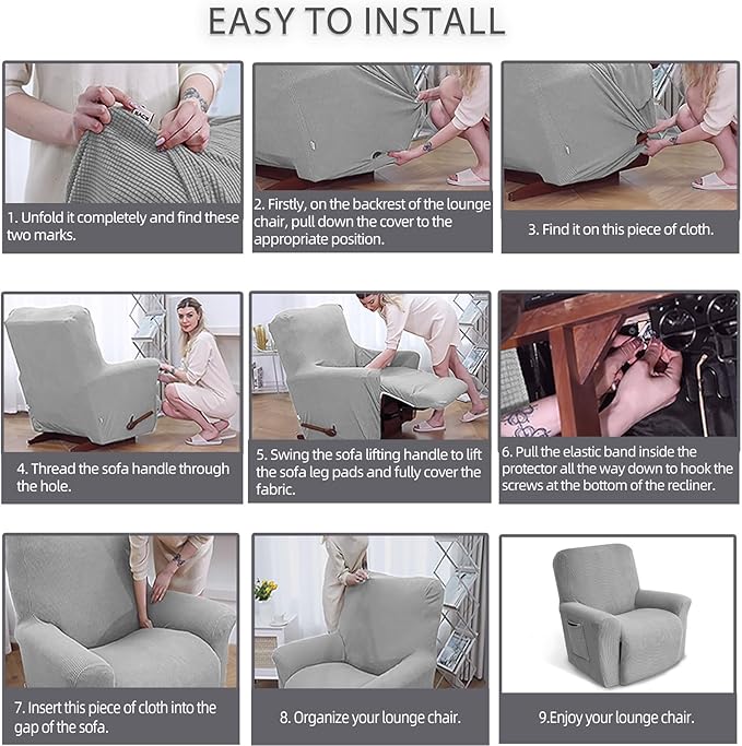 KEKUOU Recliner Chair Covers Lazy Boy Recliner Covers Stretch Couch Cover Slipcovers 1 Piece Furniture Protector with Elastic Bottom for Dog,Kids.(Recliner, Silver)