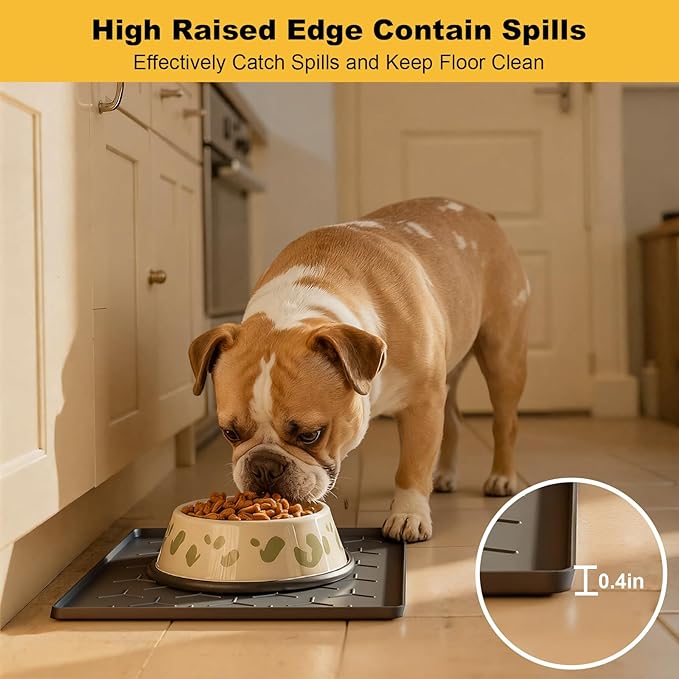 Pieviev Dog Cat Food Bowl Mat, Silicone Waterproof Food Grade Pet Food Mat for Floor, High Raised Edge to Prevent Spills, Non-Slip & Easy Clean Pet Placemat for Dog & Cat Bowls, 16''x12'', Dark Gray