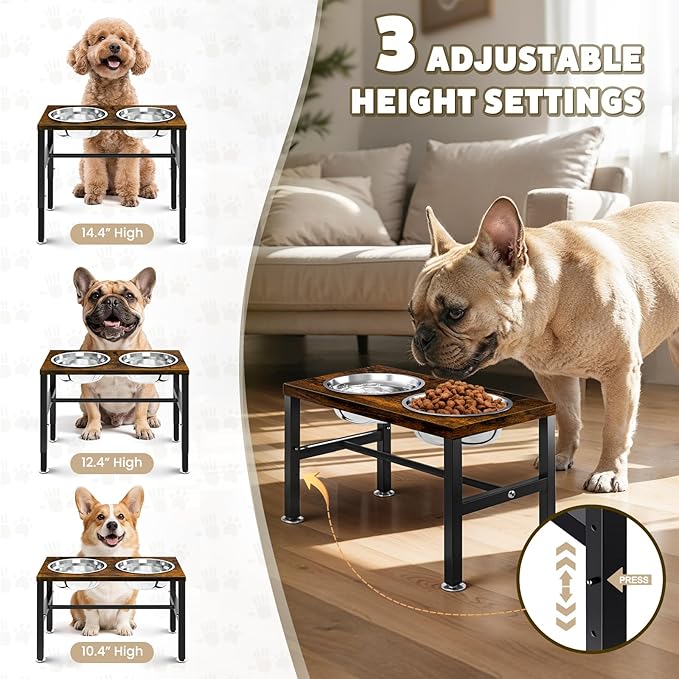Elevated Dog Bowls, 3 Height Adjustable Raised Dog Water Food Bowl Wooden Metal Stand, 42OZ-Stainless Steel Bowls for Medium Small Dogs