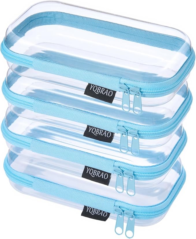 YQBRAO 4-Pack Clear Hard Shell Zipper Case, 1.2mm Ultra-Thick Diaper Bag Organizer Pouches, Rigid Self-Standing Travel Makeup Bags with YKK Zippers, TSA Approved, Blue
