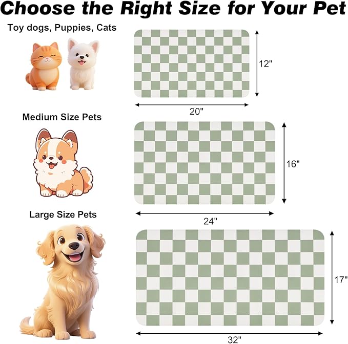 Checkered Dog Food Mat, Absorbent Leak-Proof Pet Feeding Mat, Quick Dry Cat Food Mat for Messy Drinkers 17" x 32" Green