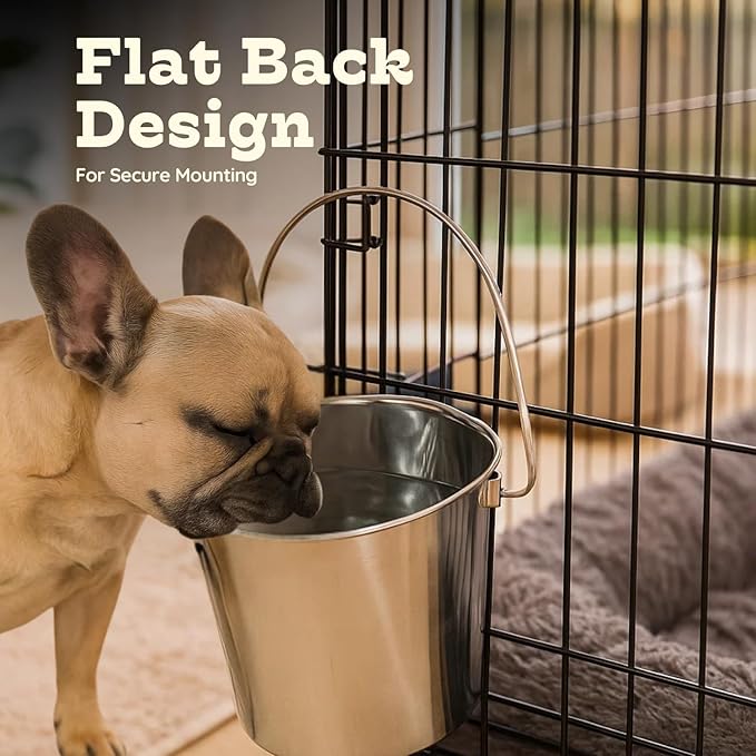 AASPIRE PETS 4 quart Stainless Steel Flat Side Bucket | 1 gal Durable Heavy Duty Food & Water Feeding Pails for Birds Dogs Cats Goat | Fits kennels Cages Critter Crates Hanging Pet Pail | Multipurpose