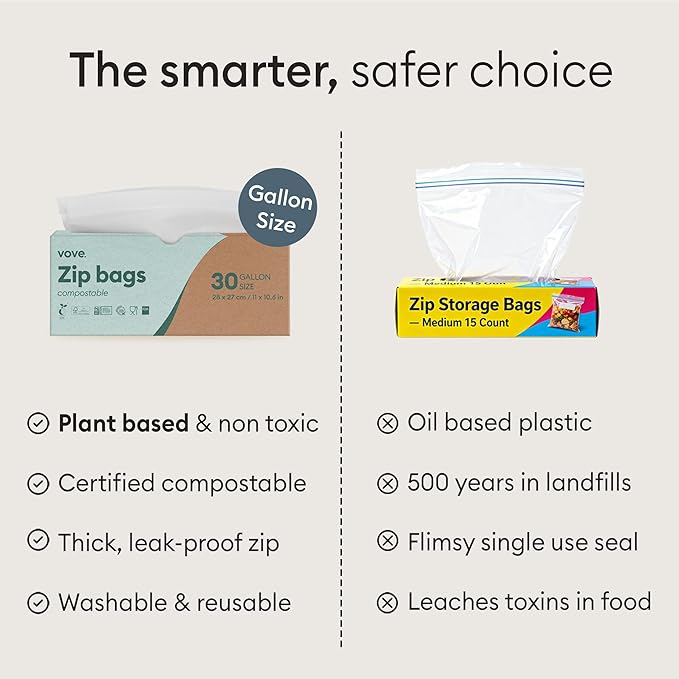 Vove Compostable Gallon Bags, Extra Large 30 Count – Freezer Safe, Leak Proof, Non Toxic Food Storage for Meal Prep & Snacks, Plant-Based Eco Bags