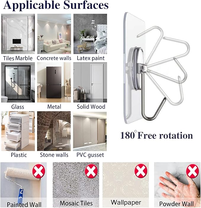 150 Pack Adhesive Hooks Wall Hooks 24lb(Max) Self Adhesive Hooks Heavy Duty,Transparent Reusable Adhesive Wall Hooks for Hanging for Kitchens, Bathroom, Office
