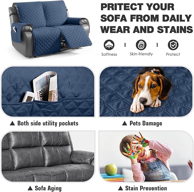 TAOCOCO 100% Waterproof Recliner Couch Covers, Recliner Sofa Covers with Leg Straps, 1-Piece Washable Reclining Sofa Cover with Pocket Couch Protector for Pets Kids(2 Seater, Ocean Blue)