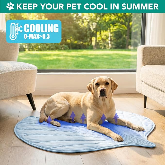 PetAmi Dog Cooling Mat, Ginkgo Leaf Shape, Reversible Cooling Nylon Blanket Soft Fleece Pet Pad for Dogs Cats, Summer All Season Use Q-Max>0.3, Medium 44x49 in, Light Blue