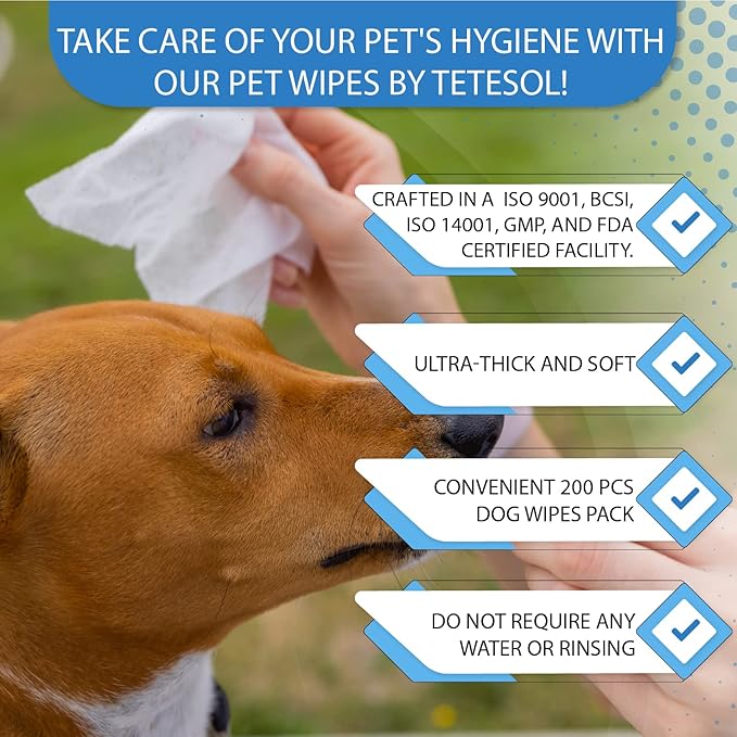 Tetesol Dog Wipes for Dogs Cats, 200 Count All Purpose Cleaning Pet Wipes, Dog Ear Wipes, Quick Easy Grooming for Bums, Body, Paws, Eyes, for A Easy & Speedy Freshen-Up, 2 Travel Pack of 200 Wipes