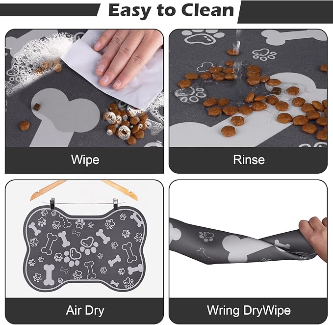 Dog Cat Food Mat,Rapid Absorbent Pet Feeding Mat, Bone Shaped Dog Placemat Water Bowl Mat with Rubber Backing,No Stains Dog Cat Food Mats Indoor, Pet Accessories Supplies 16"×24" Dark Grey