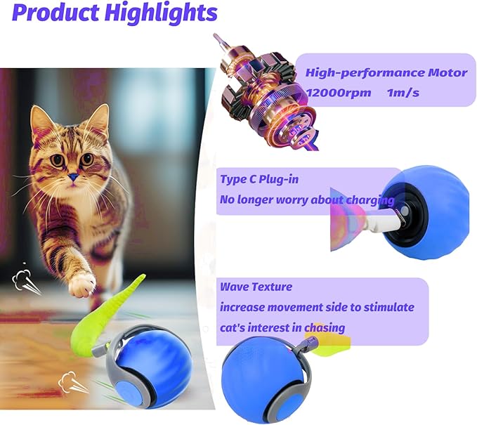 Upgraded Speedy Interactive Cat Ball 4.0 Toys with 2 Optional Tails, Smart Moving Ball Cat Toy for Bored Indoor Cats, Rechargeable & Detachable Automatic Kitten Rolling Balls Toy (Blue)