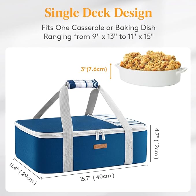 Lifewit LUNCIA Insulated Casserole Carrier for Hot or Cold Food, Lasagna Lugger Tote for Potluck Parties/Picnic/Cookouts, Fits 9"×13" Baking Dish, Dark Blue