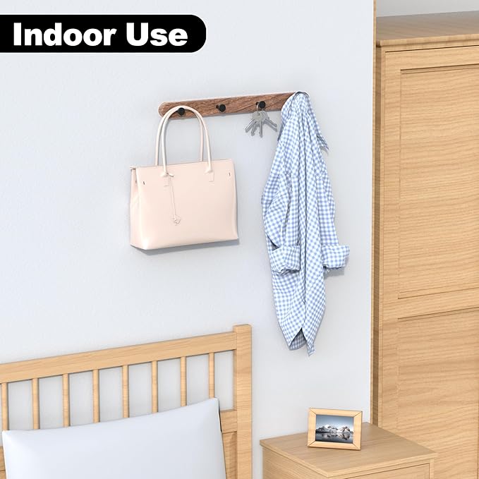 IURRDOP 16 Inch Walnut Wood Wall Mounted Coat Rack with 4 Matte Black Round Hooks Adhesive Mounted Entryway Hooks Modern Natural Wooden Pegs for Hanging Coat Clothes Hat Bag Purse Key and Towel