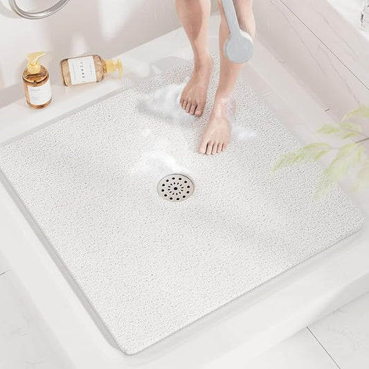 HITSLAM Square Shower Mat, 32 x 32 Inch Non Slip Bath Mat for Tub, Soft PVC Loofah Bathtub Mats with Drain Holes, Quick Drying Bathroom Stall Floor Mat, Bathroom Accessories Without Suction Cup, White