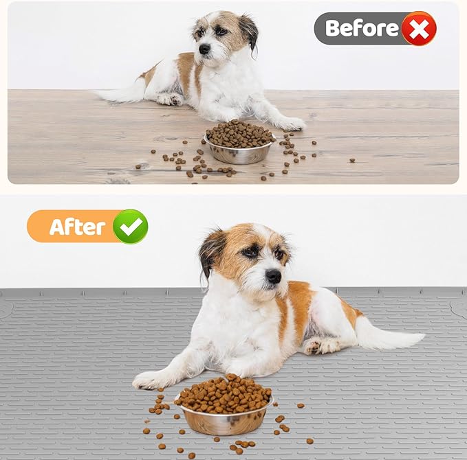 Bartuke Dog Food Mat, Extra Large 50" x 35" Silicone Pet Feeding Mat with Raised Edge Pet Placemat for Small, Medium, and Large Pets Non-Slip, Easy to Clean (Grey)