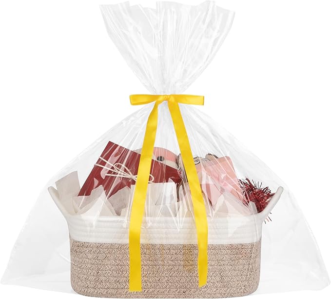OIASKET Basket for Gifts Empty, Woven Storage Basket with Gift Bag, Ribbon and Wrap Tissue Paper, Small Rope Toy Storage with Handles for Baby Shower, Dog Toy Organizer, 13.6" x 10" x 5.9”