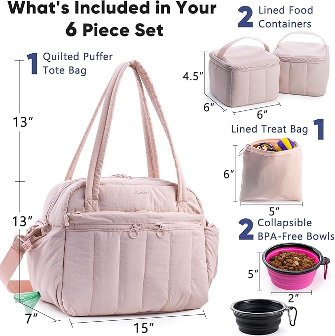 Dog Travel Bag for Supplies, Airline Approved Pet Travel Organizer with 2 Food Containers & Collapsible Bowls, Large Capacity Dogs Tote Bag for Weekend, Stylish Dog Mom Gift for Pet Lovers