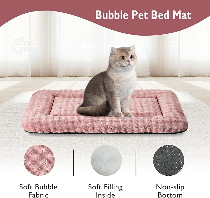 Pet Bed Mat Crate Pad for Cats Small Dogs, Washable Soft Pet Sleeping Mat Kennel Pad with 3D Bubble Pattern, Dusty Pink, 24"x 18"