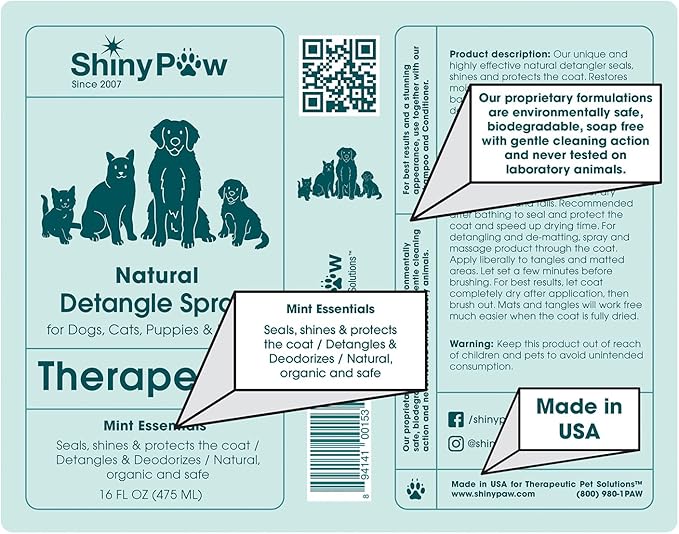 Pet Detangler Spray for Dogs & Cats 16 oz by Shiny Paw | Mint Essentials Detangler Spray | Hypoallergenic Dogs Detangler | Shines & Restores Coat | Made in The USA