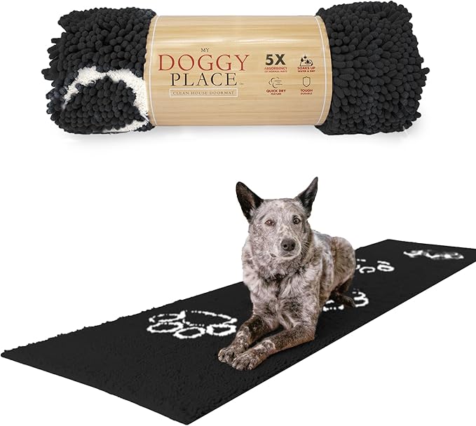 My Doggy Place Microfiber Dog Mat for Muddy Paws, 8' x 2' Charcoal with Paw Print - Non-Slip, Absorbent and Quick-Drying Dog Paw Cleaning Mat, Washer and Dryer Safe - Hallway Runner