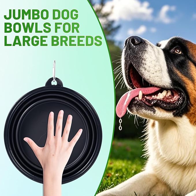 Dog Bowl Pet Collapsible Bowls, 2 Pack Collapsible Dog Water Bowls for Large Dogs Cats, Portable Pet Feeding Watering Dish for Walking Parking Traveling with 2 Carabiners (Black+Black, Jumbo)