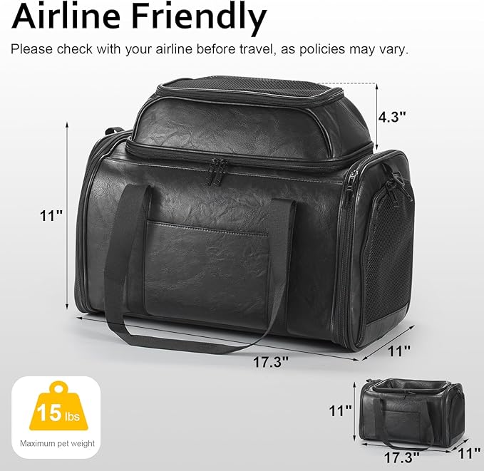 Bosnanller Premium Leather Top Expandable Pet Carrier for Small Dogs & Cats Under 15 lbs, Airline Approved Collapsible Soft-Sided Luxury Travel Bag Black
