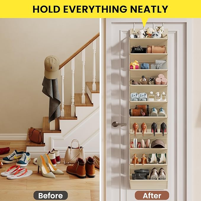 10 Tier Clear Over the Door Shoe Organizer with Deep Pockets, Door Shoes Rack with Hard Tube to Keep the Shape, Hanging Shoe Rack for Closet Organizers & Storage, Behind Door Shoe Holder Beige