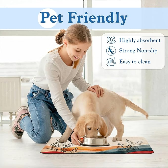 Boho Mountain Sun Pet Food Mat for Cats and Dogs–Absorbent Quick Dry Feeding Placemat, Non Slip Rubber Base, Waterproof Bowl Mat for Indoor Use, Pet Supplies 16"x24"