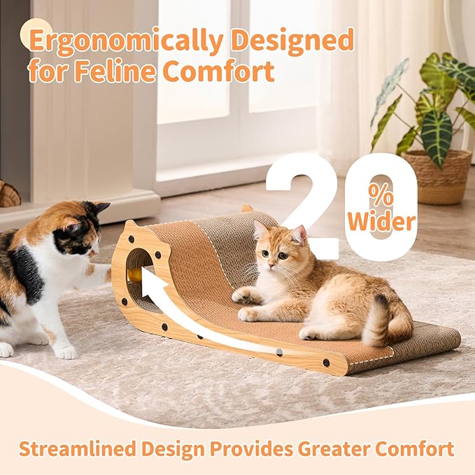 2 in 1 Cat Scratcher Bed for Indoor Cats, Large Cardboard Scratching Pad with Bell Ball Toy for Kitty As Scratch Lounge Couch with Double-Sided Usability