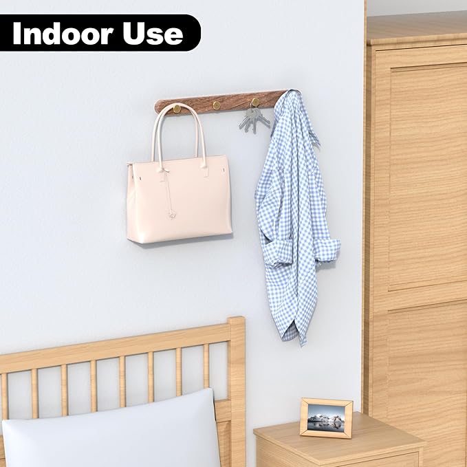 IURRDOP 16 Inch Walnut Wood Wall Mounted Coat Rack with 4 Golden Round Hooks, Adhesive Mounted Entryway Hooks, Modern Natural Wooden Pegs for Hanging Coat Clothes Hat Bag Purse Key and Towel