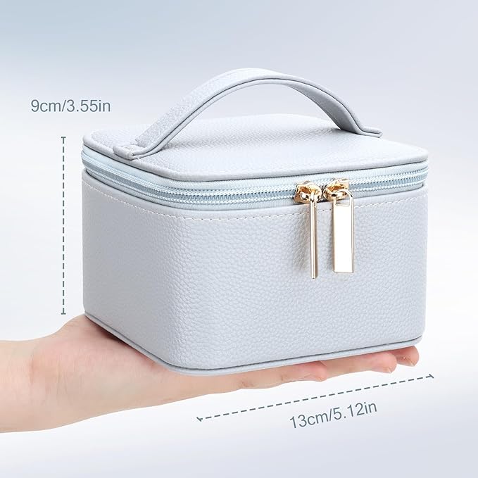 DesignSter Small Jewelry Box, Travel Small Jewelry Organizer with Earring Tray and Ring Holder, Square Travel Jewelry Storage Case with 6 Velvet Jewelry Pouches, Blue Gray