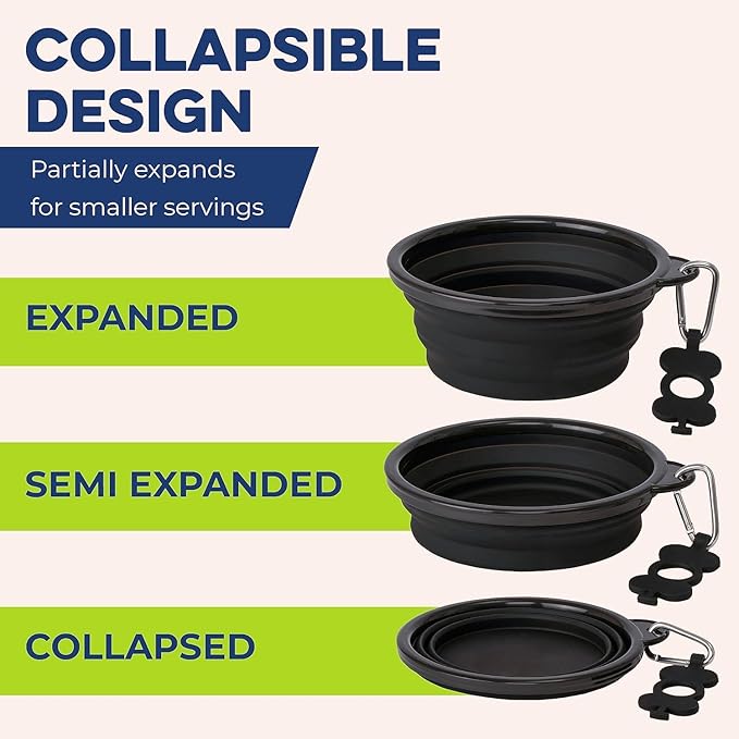 Bonza Collapsible Dog Bowls - Small 12 oz, Dog Travel Accessories, Silicone Portable Dogs Bowl & Water Dish with Reinforced Rim & Carabiner for Hiking, Camping, and Car Trips, Black