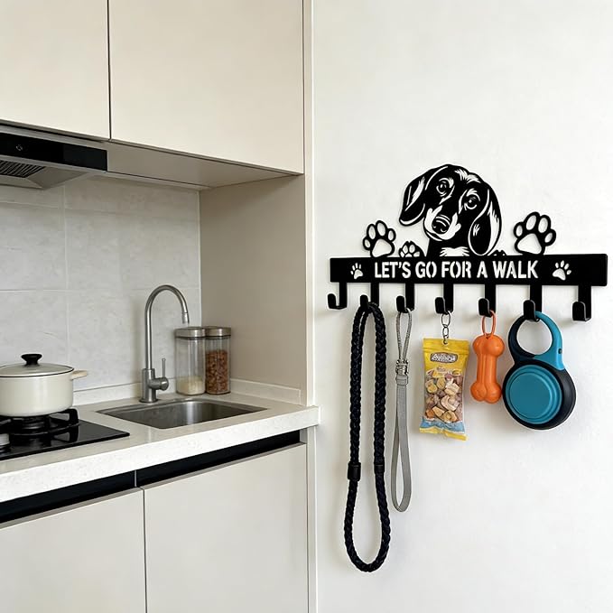 Dachshund Key & Dog Leash Holder for Wall, 7-Hook Wall Dog Storage Organizer for Entryway, Hallway, Front Door, Kitchen, Small Black Key Rack, Wall-Mounted Key Hanger, Dachshund Gifts & Decor